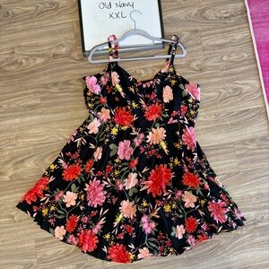 Old Navy Fit and Flare Floral Black Dress with Red and Pink Flowers XXL